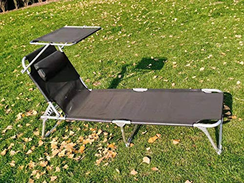 Garden Haven ® Premium Textilene Reclining Folding Sun Lounger with Sun Shade Black, Aluminium Frame, Awning, Portable, Beach, Garden Outdoor Patio Laying Area 190cm Length x 60cm Width 4.6kg (1)