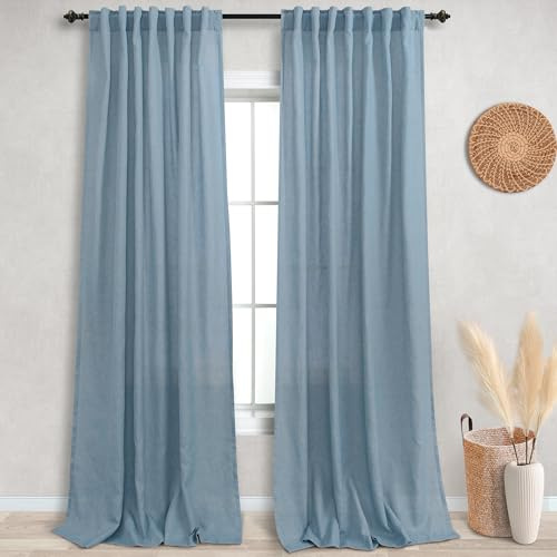 KOUFALL 108 Inches Long Stone Grey Blue Sheer Curtains for Living Room 2 Panels Set Easy Hang Install with Hooks Back Tab Hole Pocket Luxury Linen Drapery