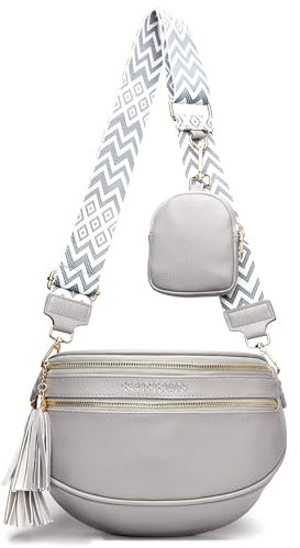KUNKUN stylisch Bauchtasche Damen veganes Leder Crossbody Bag umhängetasche brustbeutel Moderne Taschen mit breitem Schultergurt mit münzgeldbörse-grau