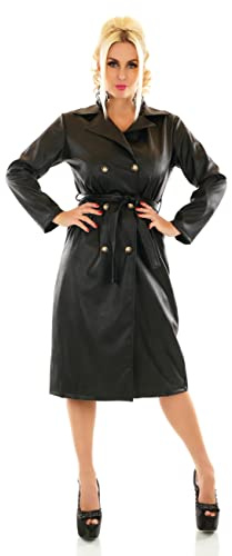 Zeralda Fashion Damen langer Kunstleder Mantel Jacke Zweireiher mit Gürtelband schwarz 36-40