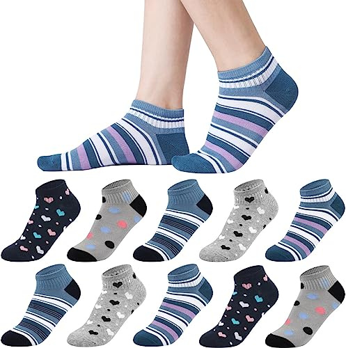 Calzini da ginnastica da donna 35-38 39-42, 10 paia di calzini corti da ragazza, calzini da ginnastica multicolori, calzini da donna colorati con strisce a pois, Set blu, 39-42
