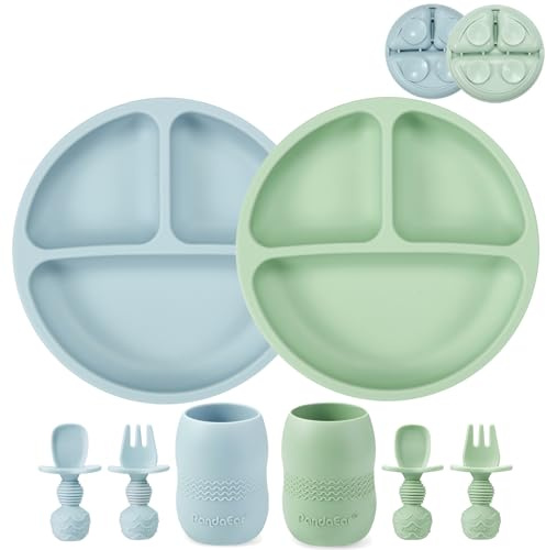 PandaEar Set de Alimentación para Bebés de Silicona| 2 Platos de Succión Divididos y 2 Tazas Pequeñas con 2 Cucharas y 2 Tenedores| Suministros de Destete de Alimentación Autónoma para Bebés (Azul)