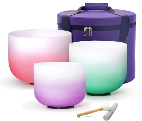 Juego de cuencos de canto de cristal Hye-eun, 432HZ 8-12 pulgadas cuarzo color gradiente Chakra afinado juego de cuencos de canto de 3 (8B 10F 12C) para curación sonora con estuche de transporte