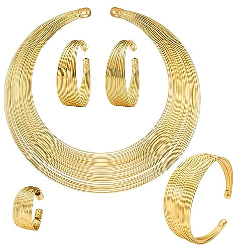 TNSRAY African Gold Schmuck Set, Halskette African National Statement Damen Armband Manschetten Offenes Bib Mode Schmuck Set Creolen Ohrringe Frauen Ringe Gold/Silber Statement Chunky Halsketten
