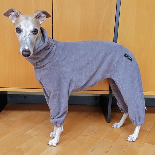 EDEL&SCHNELL Hundebademantel aus grauem Frottee, saugfähiger und weicher Bademantel Hund, Rückenlänge 50-55 cm, ideal für Windhunde, Whippets, Ridgebacks, Dalmatiner