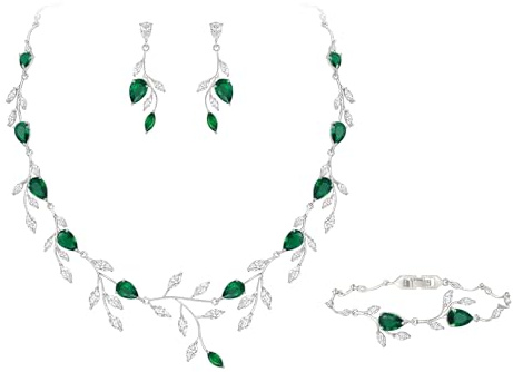 EVER FAITH Hochzeit Schmuck für Braut Damen Brautjungfer, Zirkonia birnenförmig Geburtsstein Blatt Halskette Armband Ohrringe Set für Prom