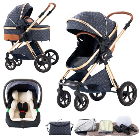 BEBBY 3-i-1-barnvagn, kombibarnvagn, 2-i-1-set, hopfällbar, bärbar, resesystem, för nyfödd, för höglänta områden (blå)