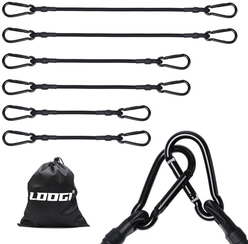 LOOGI Bungee Cords with Carabiner – 2 * 12 Inch, 2 * 24 Inch, 2 * 40 Inch Heavy Duty Long Elastic Straps, Extra Strong Black Bungee Ropes with Hook for Bike Racks, Roof Racks, Luggage, Camping