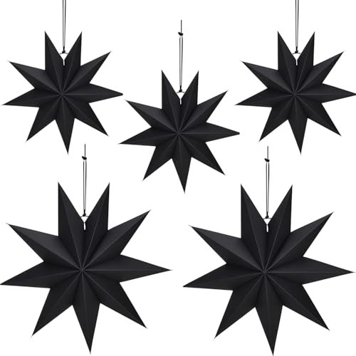 GangGangBAO 5 Stück Papiersterne, Papier Stern Dekoration 9 Zacken Weihnachtssterne Neujahrsfest Christmas Decorations für Weihnachts Hochzeit Geburtstag Tischdeko 30cm 45cm (Schwarz)