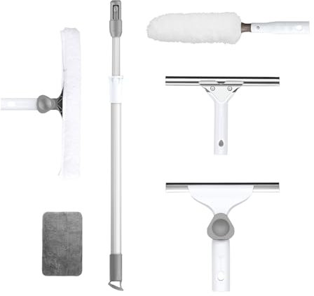 Professioneller Fensterwischer-Reiniger,Profi Kombi Fensterwischer mit Teleskopstiel,gummiabzieher 25cm,Staubwedel 55cm,perfekt für Holz, Glas,Tierhaare, Staub (120cm)