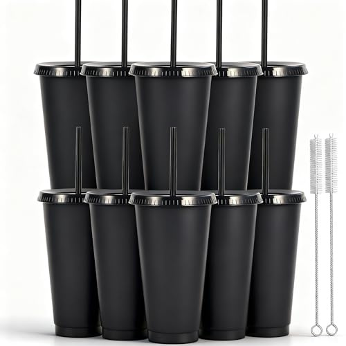 Yisituo 710ml Reusable Plastic Cups, 10 Pack Cold Cups with Lid and Straw, Tumblers Travel Mugs for Adults and Madam Party and Beach, Pool Gatherings (10, Black)