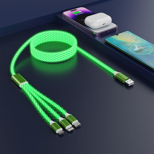 Multi-Ladekabel [MFi zertifiziert] LED Glühendes Lightning-Kabel für Apple iOS und Android-Grüne 3-in-1 Ladekabel mit USB-C & Micro USB