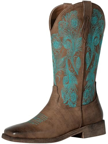 J's.o.l.e Stivali da cowboy da donna con punta quadrata e motivo floreale, stivali da cowgirl alla moda, Marrone scuro, 38 EU