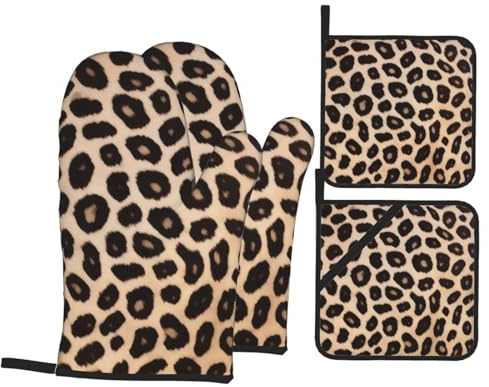 Ofenhandschuhe und Topflappen mit niedlichem Leopardenmuster, 4 Stück, isoliert, rutschfest, Ofenhandschuhe zum Kochen, Backen, Grillen