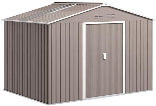 Outsunny Capanno per attrezzi in acciaio zincato 4,9m² 277x195x192cm Capanno per attrezzi con tetto a falde, fondamenta, porta scorrevole con serratura, capanno da giardino resistente alle intemperie,