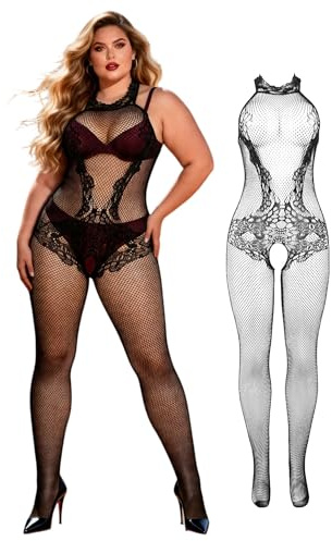 comeondear Plus Size Lingerie Sets for Women Fishnet BodyStocking Hollow Out Lace Bodysuit Sexy Stretchy Nightwear Box Package, Black 3XL-5XL