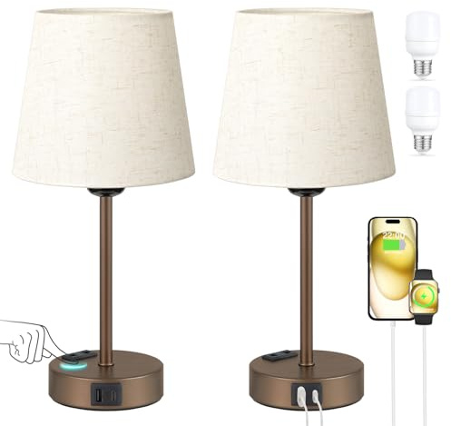Kakanuo Nachttischlampe Touch Dimmbar 2er Set, Tischlampe mit Ladefunktion USB A+C-Anschlüssen Steckdosen 2 LED Birnen, Beige-Lampenschirm, Kleine Lampe für Schlafzimmer Wohnzimmer Babyzimmer Büro