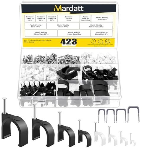 Mardatt 423Pcs Cable Clips, 0.16”-0.98” Wire Wall Clips with 0.57”, 0.43”, 0.39”, 0.35” Insulated U Nail Kit Ethernet Tacks Coax Clip Metal Cable Staple for Fixing Electrical Wire