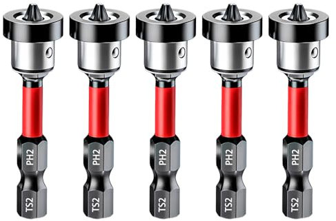 Saipor 5pcs Drywall Screw Setter, Magnetic Positioning Screwdriver Bits PH2 Bits, 1/4 Hex Shank Drywall Screw Bit, Plasterboard Screws Locating Batch Head Drilling Tools, 50mm
