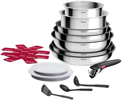 Tefal Ingenio Cook Eat, Batterie de Cuisine 15 Pièces, Inox, Compatible Tous Feux dont Induction