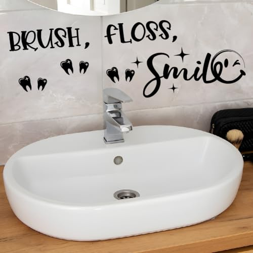 SUPERDANT Brush Floss Smile Wall Stickers Trendy Funny Bathroom Quote Wall Decals Black Vinyl Art Decor for Home Apartment Bedroom Bathtub Shower Dorm Room Kids Toddlers Room Indoor Decoration