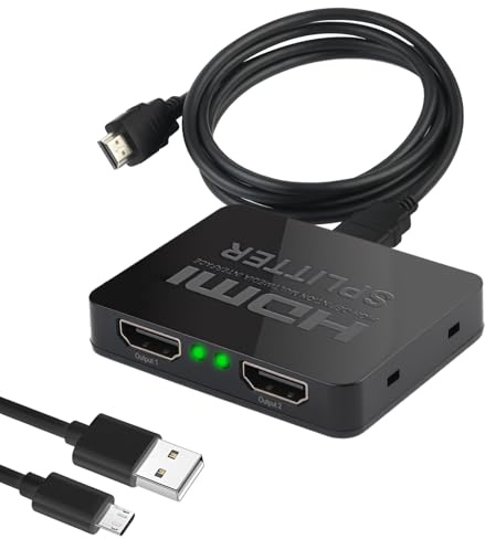 Distorris HDMI Splitter 1 in 2 Out HDMI Splitter for Dual Monitors 1 Input to 2 Output Splitters Support 4K 3D 1080P 2 Port Output Same Display at Same Time for Projector TV Monitor PS4 Xbox DVD
