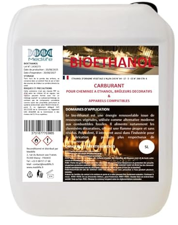 Bioéthanol 5L – Combustible Écologique Premium pour Cheminée Poêles en Acier InoxydableI – Flamme Propre, sans Odeur ni Fumée – Ressources Végétales – Haute Performance (5L)