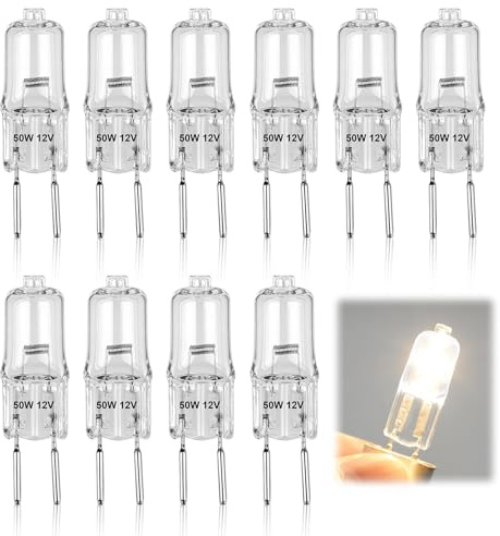 HOMTRAK Ampoule Halogène 50W G6.35/GY6.35 12V, Lot de 10 Ampoules Lampe Halogène 12V 50W pour Lustre,Sous-Meuble, Éclairage de Paysage, Appliques et Éclairage de Piste, Blanc Chaud 2750K, Dimmable