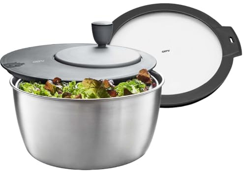 GEFU Salatschleuder Rotare mit Frischhaltedeckel, 4L Edelstahl-Schüssel mit Siebeinsatz & Kurbelantrieb