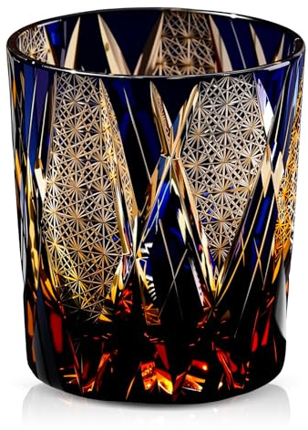 Coffret Cadeau Homme Verre à Whisky en Cristal Fait Main Kiriko - Tumbler Bleu Dégustation pour Whisky Japonais - Idée Cadeau Anniversaire Fête des Pères (250ml)