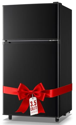 WANAI 3.5 CU.FT 2 Door Mini Fridge with Freezer Freestadning Small Refrigerator Features 7 Gear Mechanical Control, Side Bottle Rack, 2 Glass Removable Shelves, Crisper Drawer Black