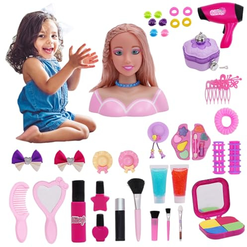 AwnsIMfreien Tête de poupée modèle de Coiffure pour Enfants, 40 pièces, tête Coiffure pour Enfants avec Accessoires sèche-Cheveux, Ensemble Luxe, Maquillage, Jeu Simulation, Jouet coiff