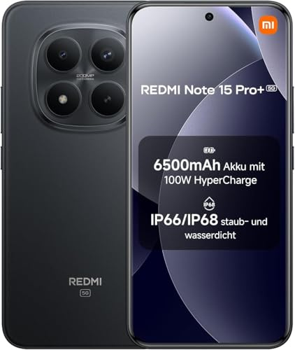 XIAOMI Redmi Note 15 Pro+ 5G Smartphone 12+512 GB– 6500-mAh-Akku, IP66/IP68 Staub- und Wasserschutz, Neue 200-MP-Kamera, 6,83 AMOLED-Display, Schwarz