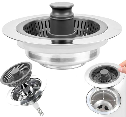 Kitchen Sink Strainer Plug, 3 in 1 Kitchen Sink Plugs and Strainers, Universal Sinks Stopper and Combo, Anti-Clogging, Prevent Odours-Sinks Depth > 40mm