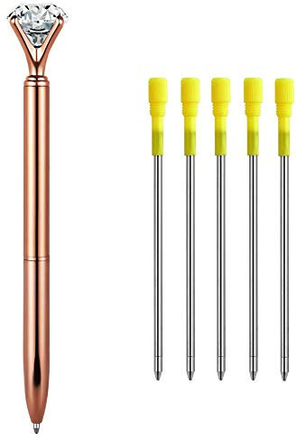 MengRan Pen +5 Refills Rose Gold Pen with Big Diamond/Crystal -Metal Ballpoint Pen-Black Ink (Rose Gold)