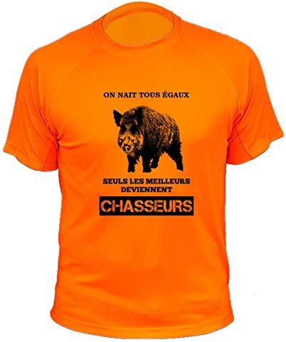 Tee Shirt Chasse on naît Tous égaux, Seuls Les Deviennent Chasseurs Sanglier (SUTEO142), Orange, XL