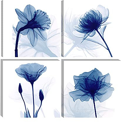 Wieco Art Blue Flickering Flower Modern Abstract Paintings Canvas Wall Art Gallery Wrapped Grace Floral Pictures on Canvas Prints 4 Panels Artwork for Bedroom Office Home Decorations