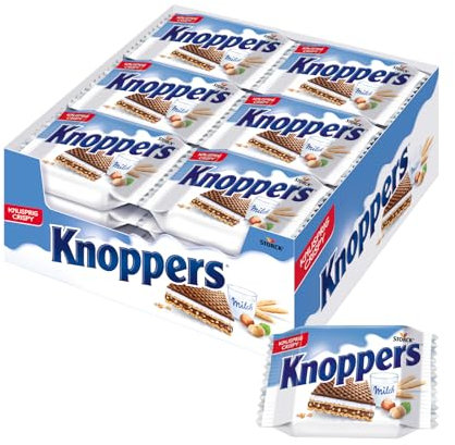 Knoppers – 24 x 25 g – Gefüllte Waffelschnitten mit Milch- und Nougatcreme, Haselnüssen und Kakao