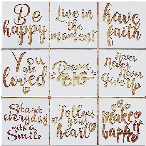 VETPW 9 stencil da disegno con parole ispiratrici in plastica riutilizzabili per pavimenti, finestre, mobili, legno, decorazione da parete, 20 x 20 cm