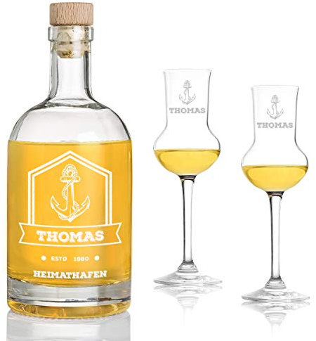 Bottiglia per liquore, 700 ml, in vetro, incisione con motivo a scelta, 2 bicchieri da liquore da 87 ml, idea regalo personalizzata per u...