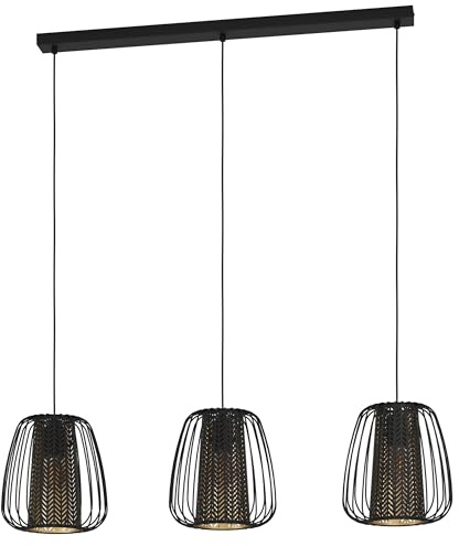 EGLO Pendelleuchte Curasao, 3 flammige Hängelampe, Hängeleuchte aus Metall | Textil in Schwarz, Gold, Esstischlampe, Wohnzimmerlampe hängend E27