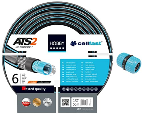 Cellfast 5900377100 Hobby Premium Wasserschlauch 6-lagig, 1/2 50m & Reparaturteil 1/2 (12,5 mm) BASIC-Schlauchverbinder, 2 Schlauchenden Anschluss, einfache Montage, ABS-Kunststoff, 51-100H