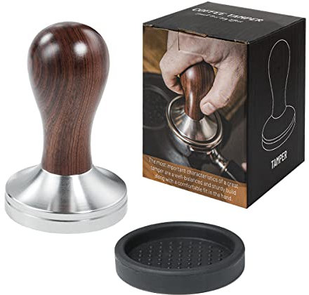 USEAMIE Coffee Tamper 53mm Espresso Press with Tamper Mat 304 Stainless Steel Flat Base Wooden Handle for Coffee Grounds Barista Espresso Machines Accessory