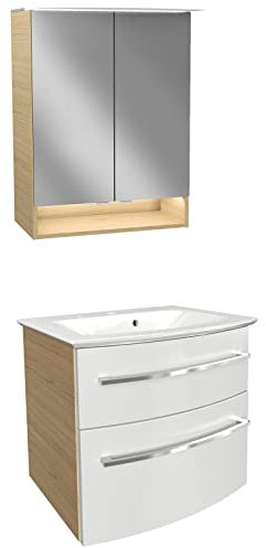 FACKELMANN Badmöbel Set B.Style 3-TLG. weiß-braun & Mineralgusswaschbecken & LED Spiegelschrank 60 cm - Made in Germany