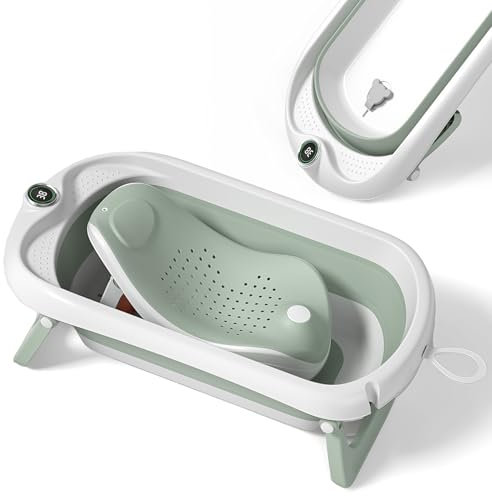 Bañera Plegable Bebé Con Asiento De Baño Antideslizante - bañera Bebe Plegable Con Termómetro - Asiento Bañera Bebe - Silla - Desde El Nacimiento Hasta Los 3 Años - Regalos De Nacimiento (VERDE)