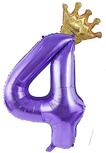 VUCDXOP Foil Palloncini Numeri 4, 101 CM Viola Palloncini Compleanno 4 con Corona, Numeri Gonfiabili Compleanno Gonfiabili Pallone per Anniversario, Decorazione Feste di Compleanno Palloncino