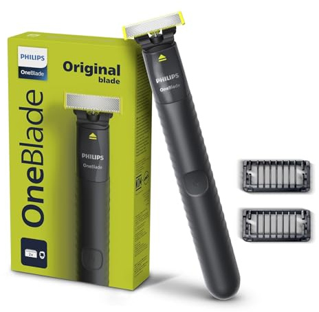 Philips OneBlade QP1424/10 Trimmen, Kanten und Rasieren, 2 x Click-on Stoppelkämme (1, 3 mm), wiederaufladbar, Nass- und Trockenanwendung
