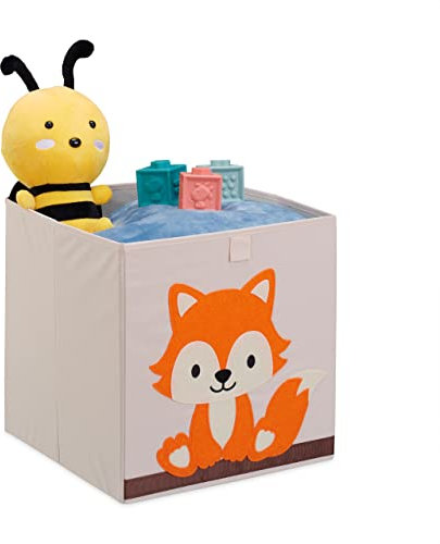 Relaxdays Aufbewahrungsbox Kinder, Fuchs, HxBxT 33 x 33 x 33cm, Stoffbox, faltbar, Spielkiste Kinderzimmer, beige/orange