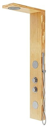 KOLMAN Duschpaneel Edelstahl mit Kopfbrause Bambus und Chrom BALTI Thermostatisch Duschsystem Duschsäule