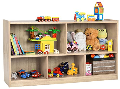 COSTWAY Libreria per Bambini e Organizer Giocattoli, Scaffale di Legno Con 5 Scompartimenti, Per Stanza dei Giochi Camera Dei Bambini Angolo di Lettura Classe Scuola Materna (Naturale)